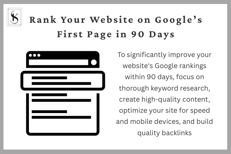 A guide to ranking your website on Google’s first page in 90 days through keyword research, content creation, and SEO optimization.