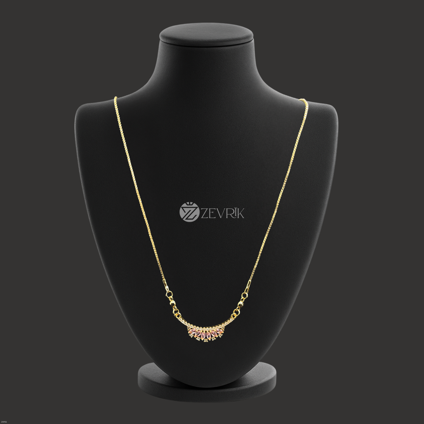 Elegant Floral Fan Gold Plated Pendant Necklace with Pink Stones for Women (22 Inch) - Zevrik