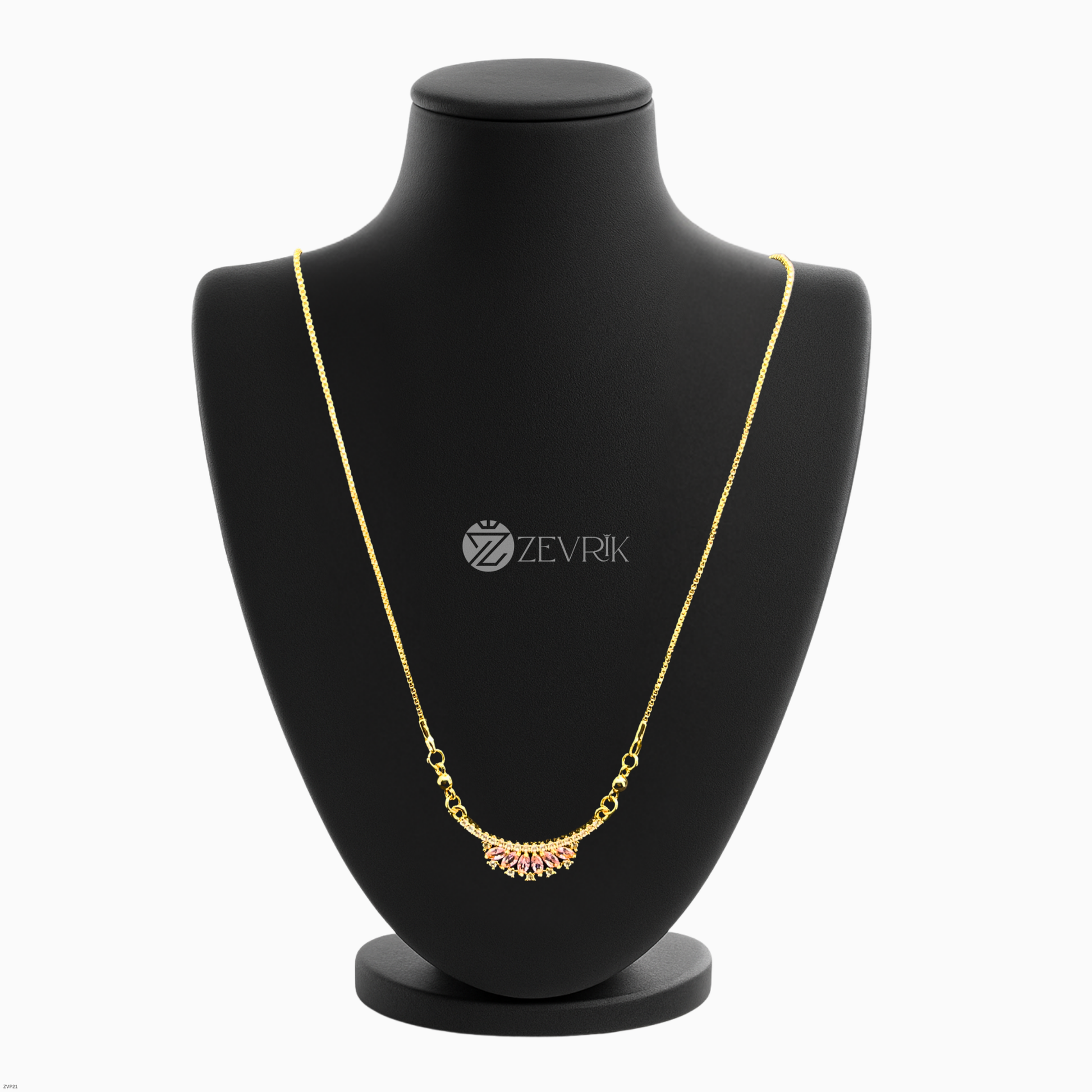 Elegant Floral Fan Gold Plated Pendant Necklace with Pink Stones for Women (22 Inch) - Zevrik
