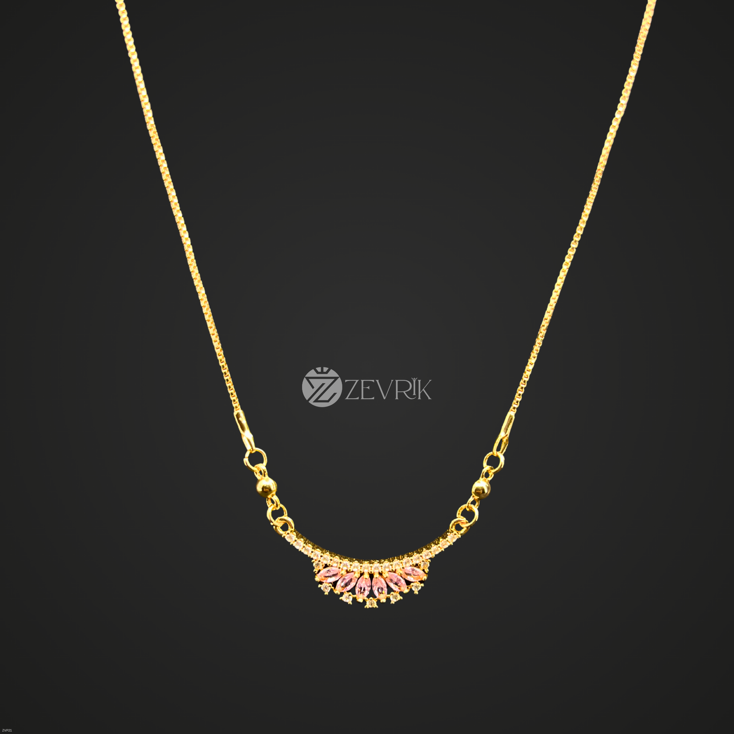 Elegant Floral Fan Gold Plated Pendant Necklace with Pink Stones for Women (22 Inch) - Zevrik