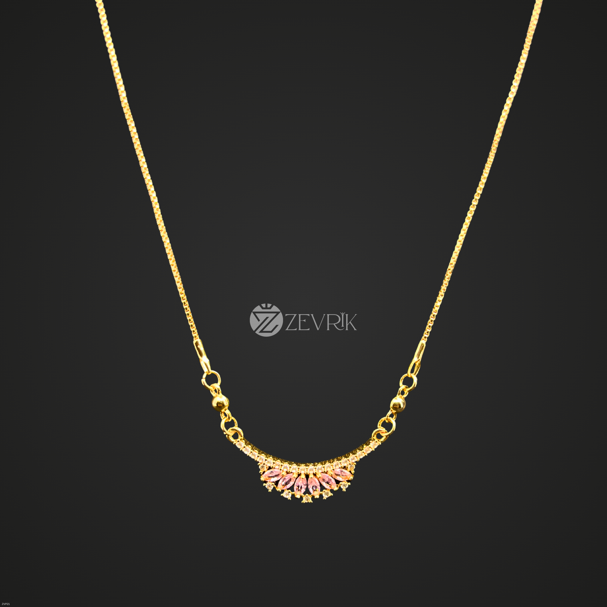 Elegant Floral Fan Gold Plated Pendant Necklace with Pink Stones for Women (22 Inch) - Zevrik