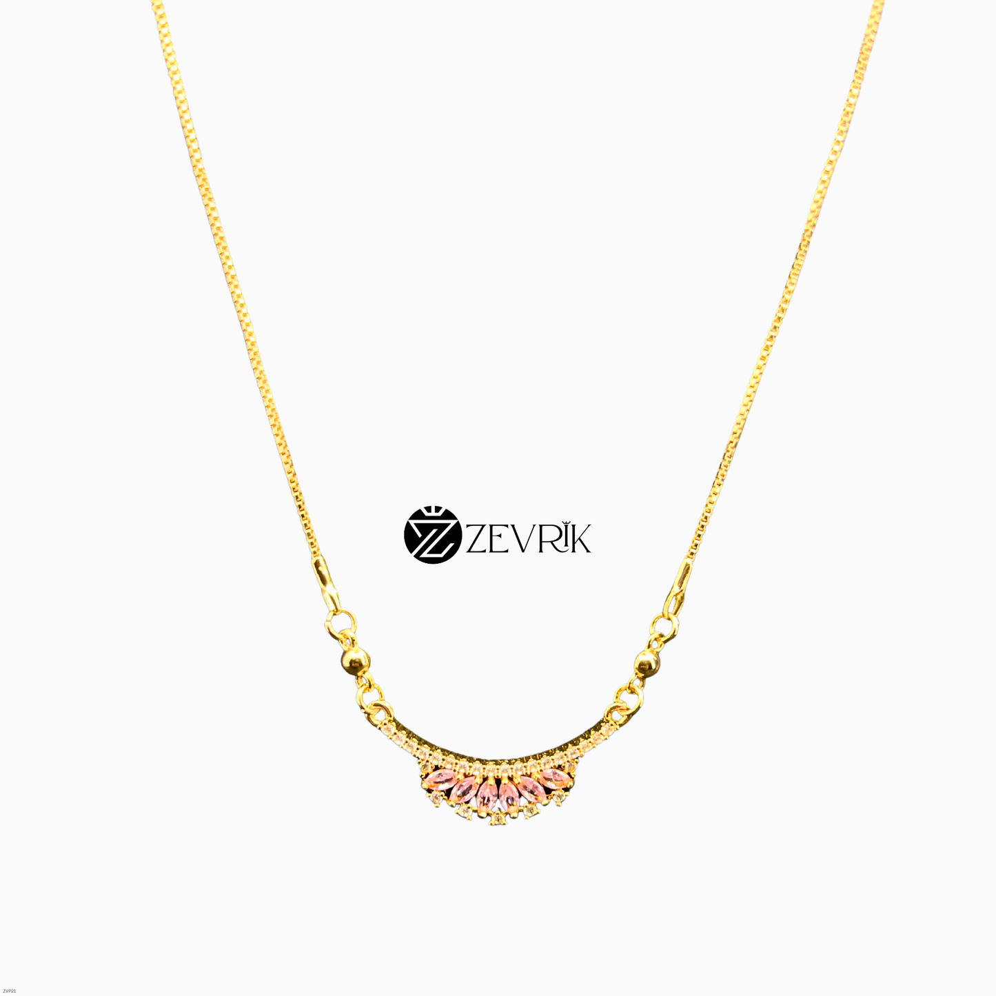 Elegant Floral Fan Gold Plated Pendant Necklace with Pink Stones for Women (22 Inch) - Zevrik
