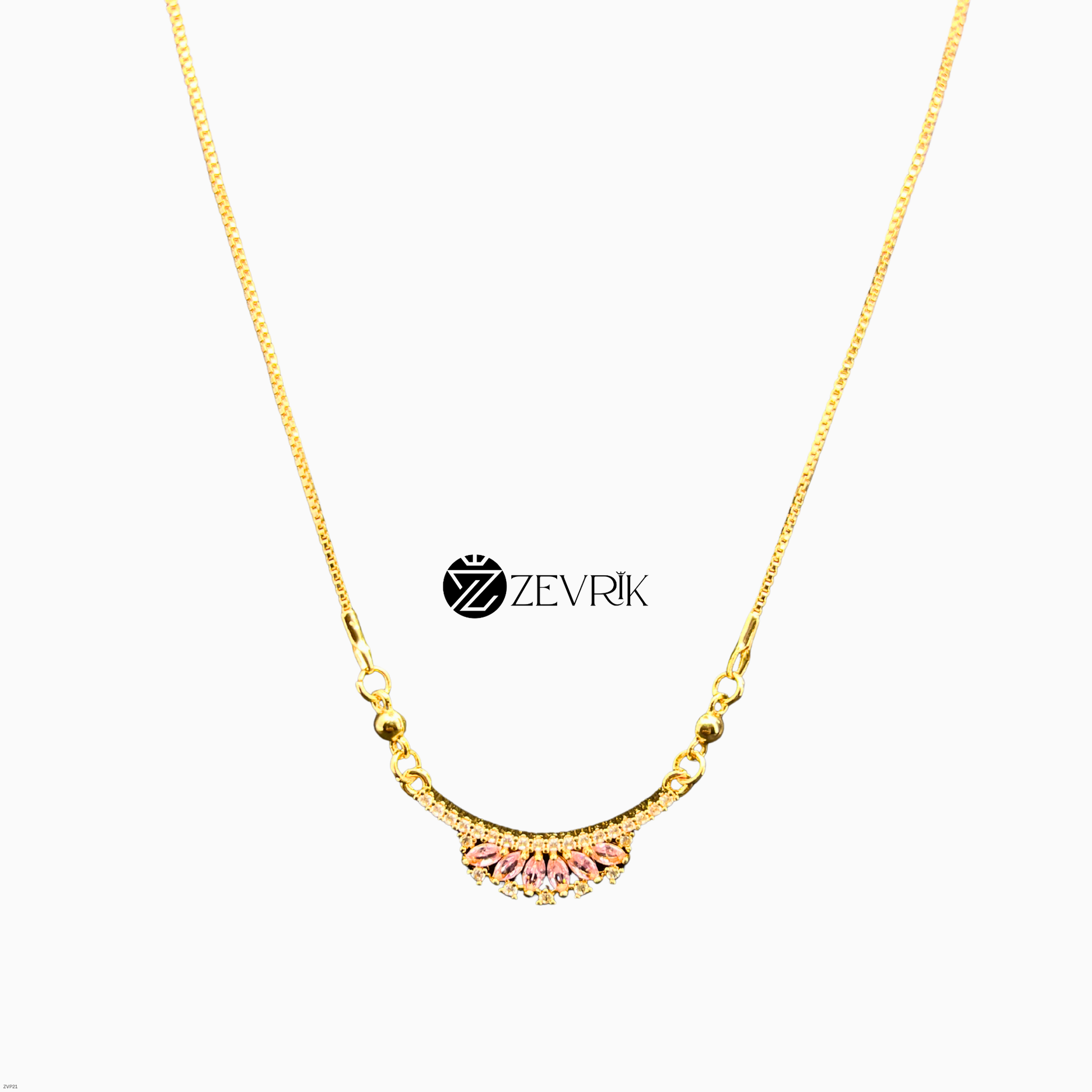 Elegant Floral Fan Gold Plated Pendant Necklace with Pink Stones for Women (22 Inch) - Zevrik