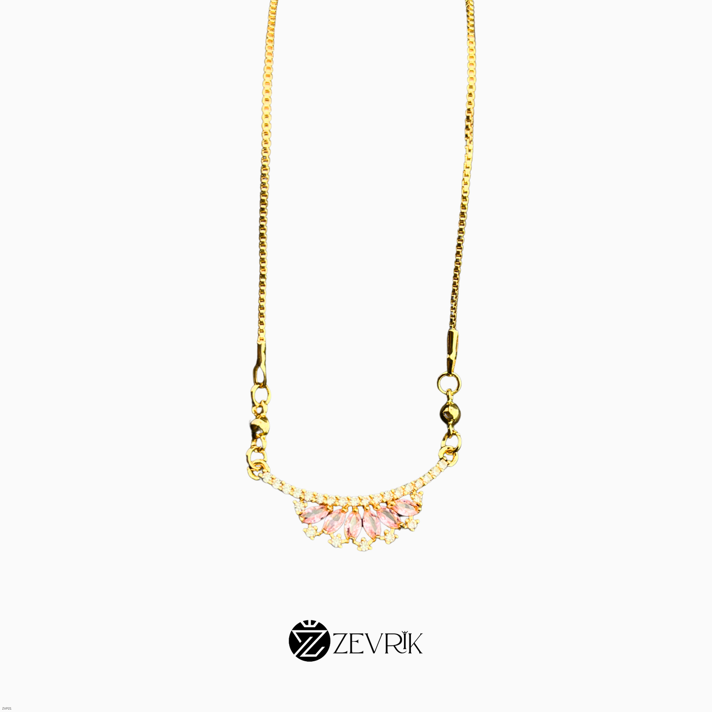 Elegant Floral Fan Gold Plated Pendant Necklace with Pink Stones for Women (22 Inch) - Zevrik