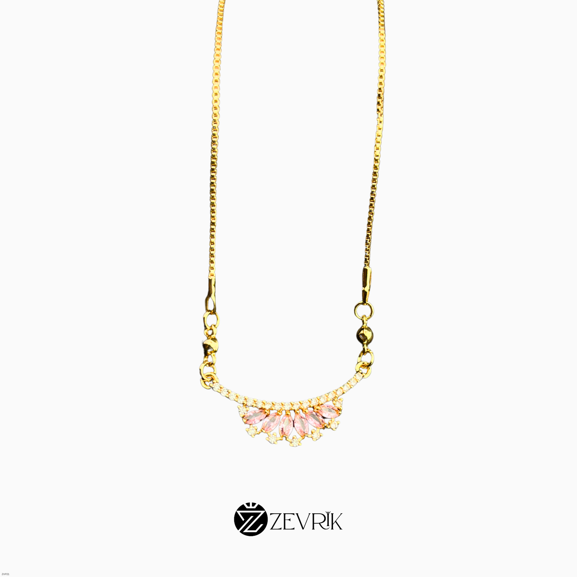 Elegant Floral Fan Gold Plated Pendant Necklace with Pink Stones for Women (22 Inch) - Zevrik