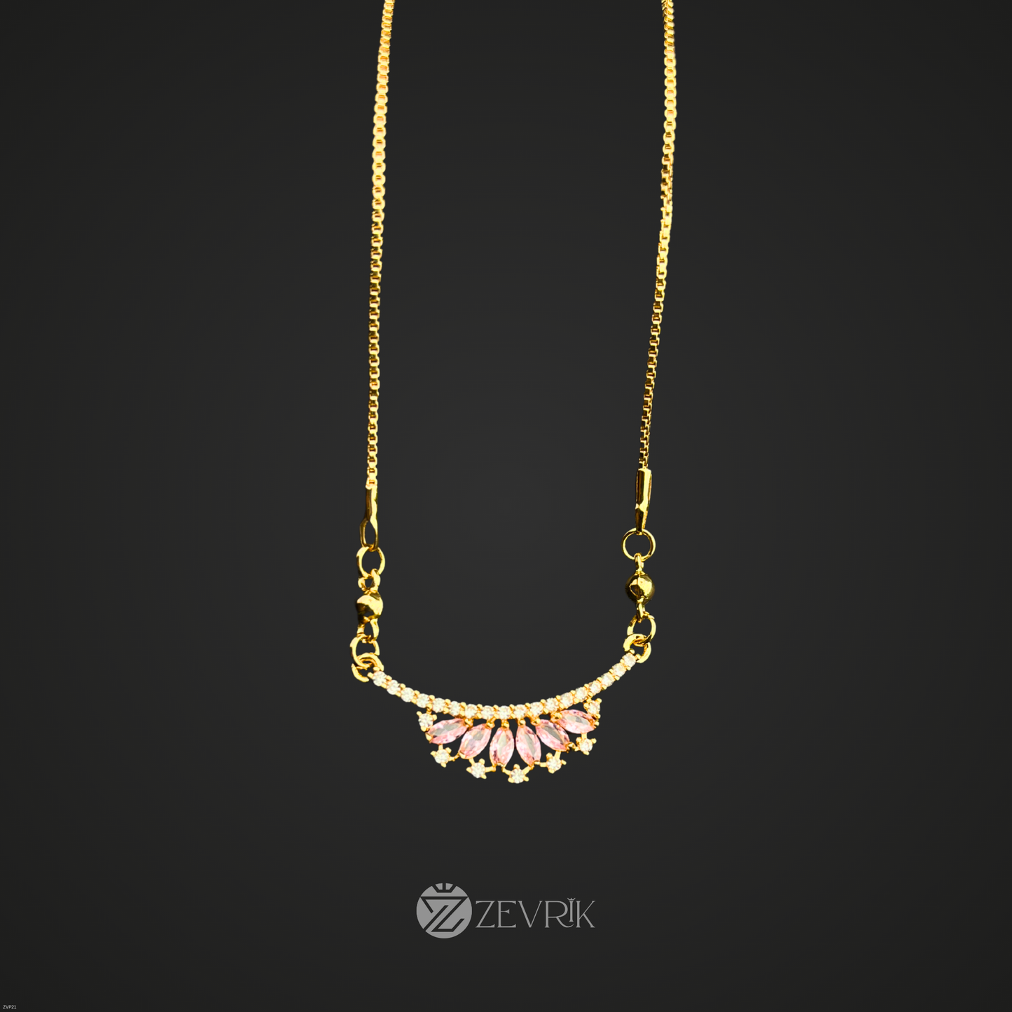 Elegant Floral Fan Gold Plated Pendant Necklace with Pink Stones for Women (22 Inch) - Zevrik