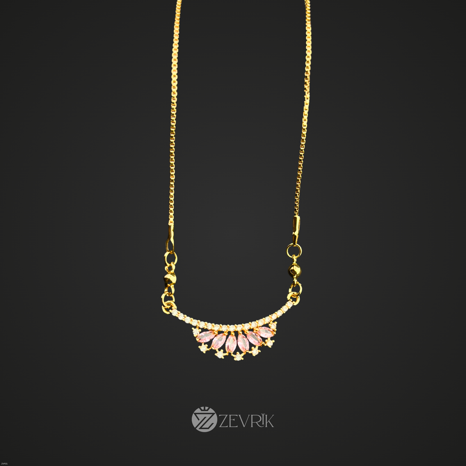 Elegant Floral Fan Gold Plated Pendant Necklace with Pink Stones for Women (22 Inch) - Zevrik