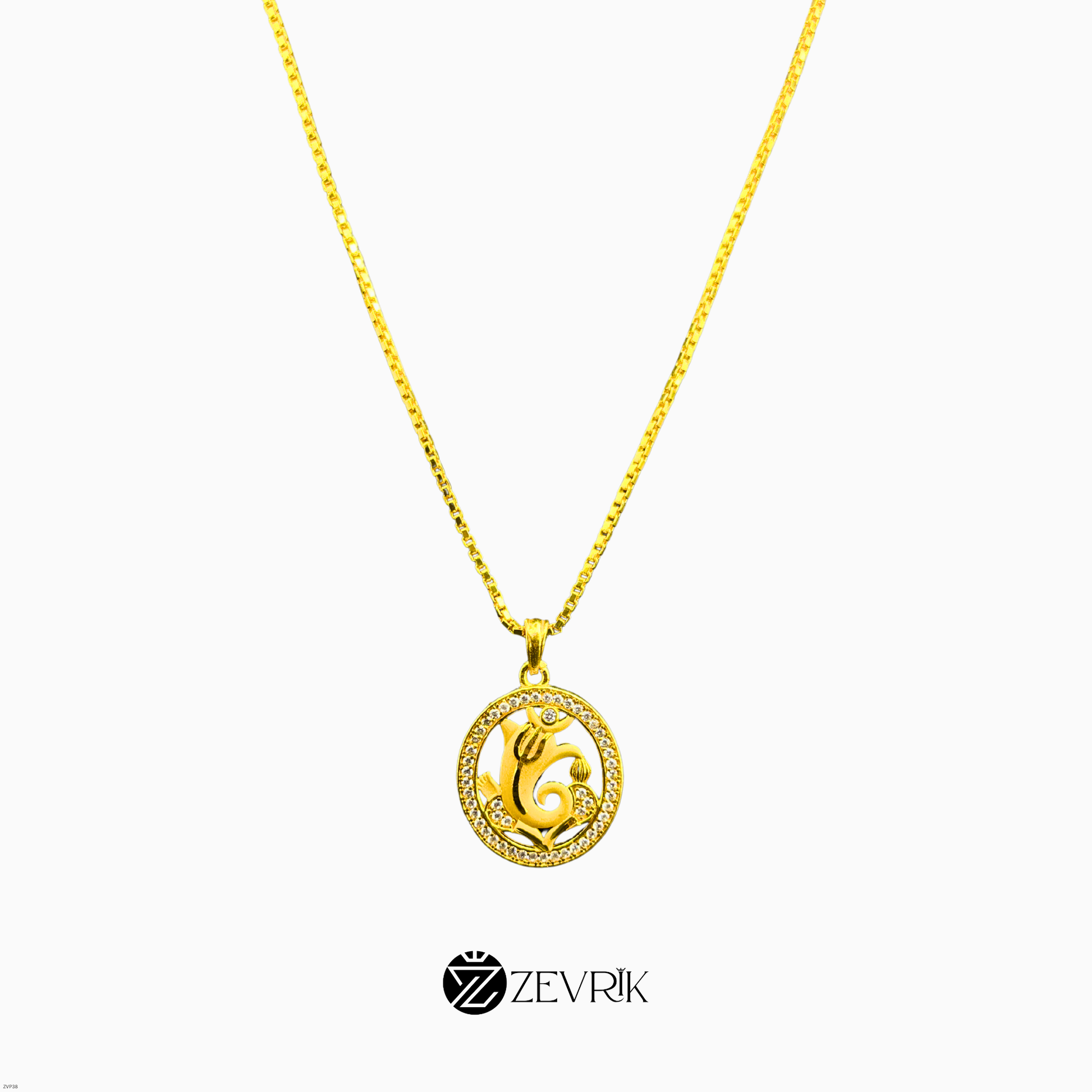 Gold Plated Om Round Ganesh Ji Pendant Chain for Men & Women (24 Inch) - Zevrik