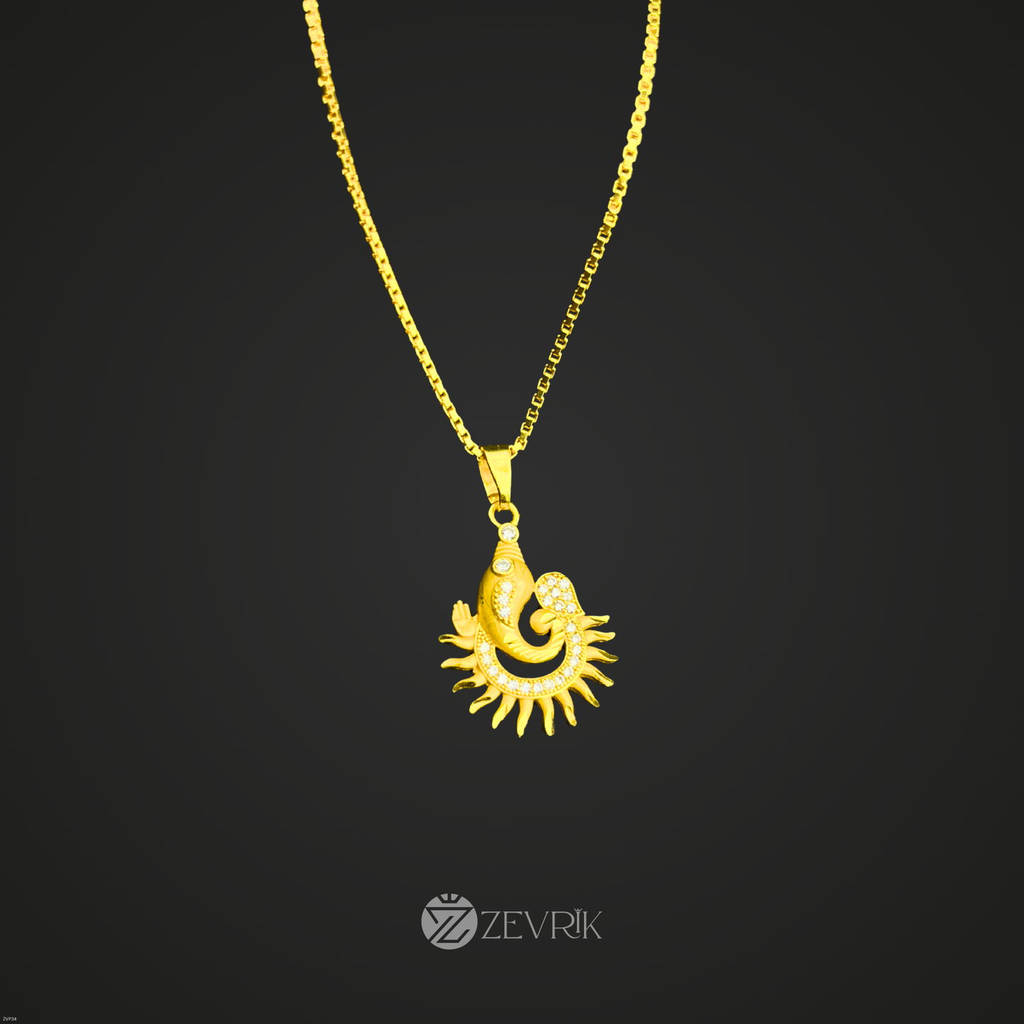 Surya Ganesh Gold Plated Pendant with 24 Inch Chain – Spiritual Radiant Design - Zevrik