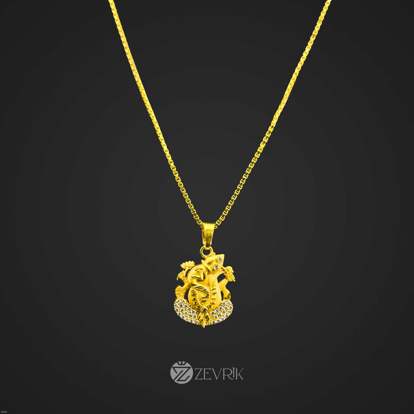 Unisex Gold Plated Ganesh Ji Pendant Chain with Stone Work (24 Inch) - Zevrik