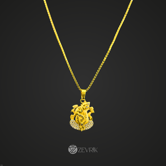 Unisex Gold Plated Ganesh Ji Pendant Chain with Stone Work (24 Inch) - Zevrik