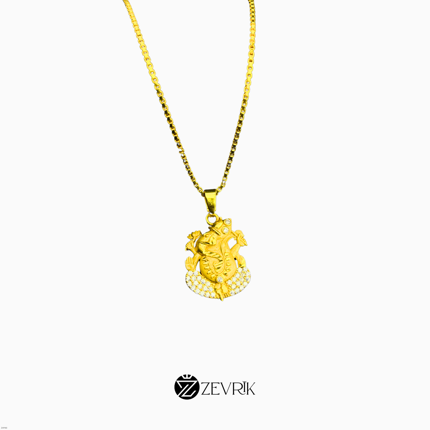 Unisex Gold Plated Ganesh Ji Pendant Chain with Stone Work (24 Inch) - Zevrik