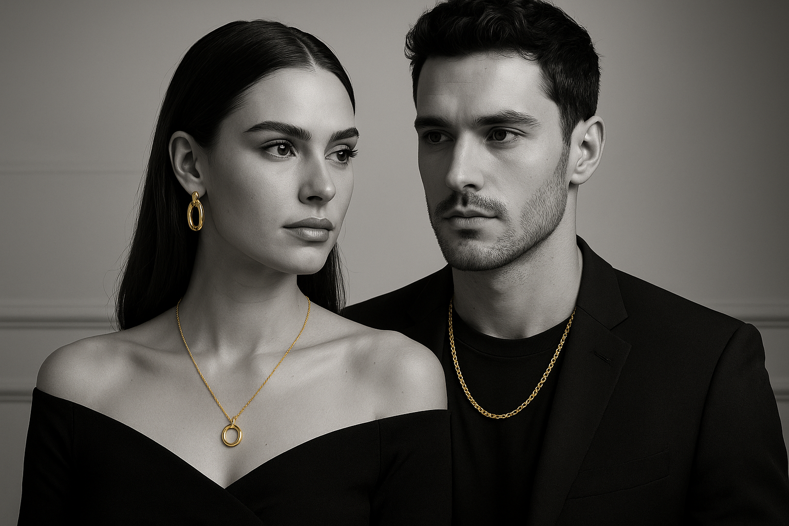 A black-and-white luxury banner image with a stylish man and woman together. The woman wears gold-plated earrings and a pendant necklace, while the man wears a sleek gold-plated chain. The background is minimal, modern, and elegant, with the jewellery highlighted in golden shine. Professional ecommerce catalogue look, perfect for a background banner