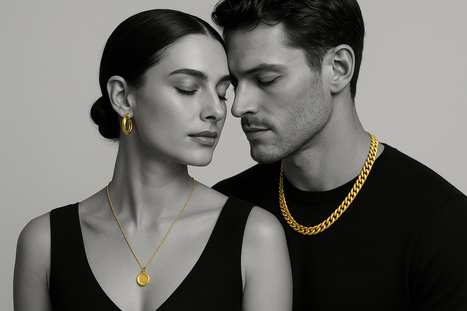 A stylish black-and-white image of a man and woman together. The woman wears gold-plated earrings and a pendant necklace, while the man wears a gold-plated chain. Only the jewellery appears in golden shine, making it the hero of the image. Minimal background, premium catalogue look.