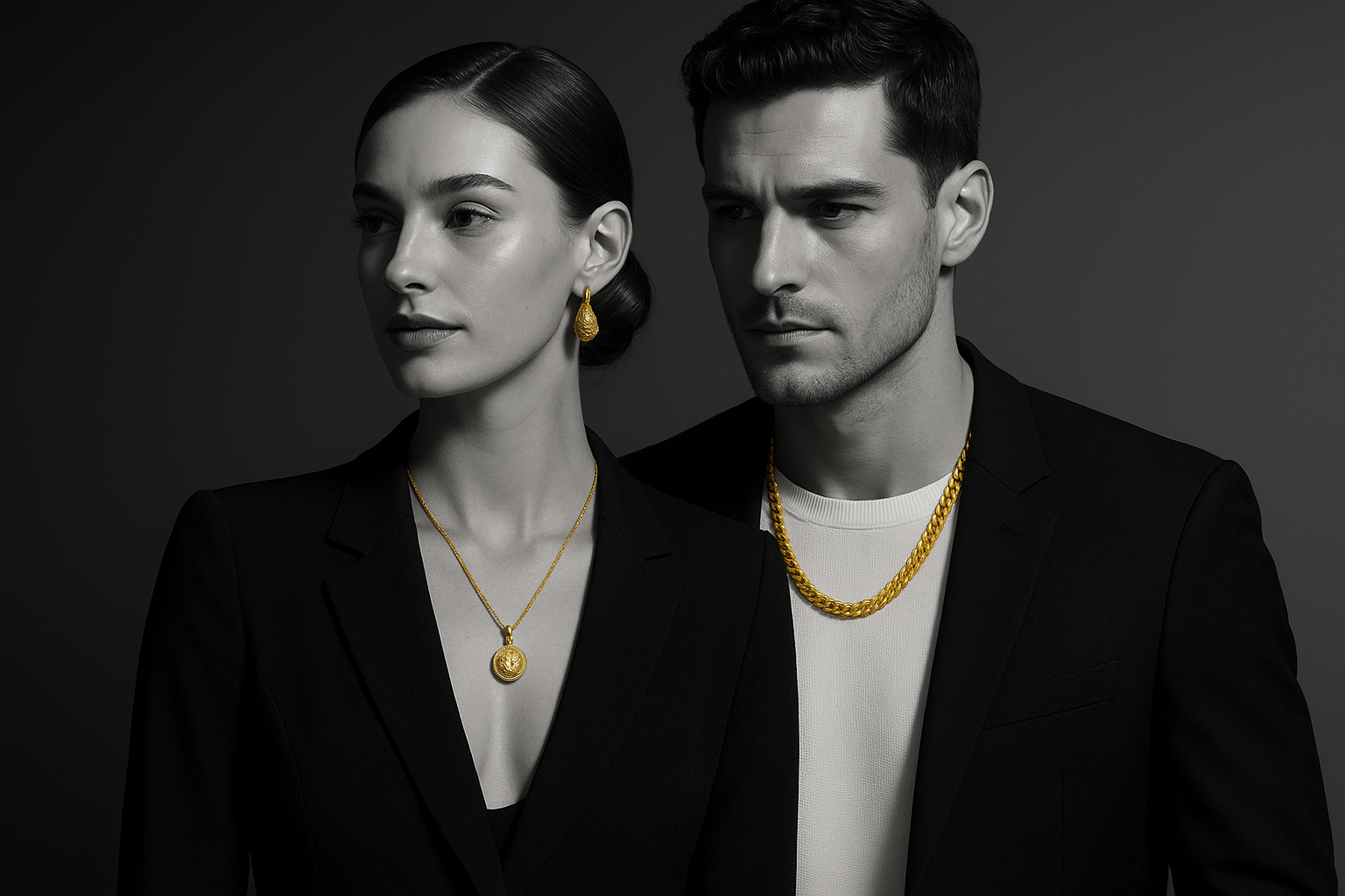 use golden jwellery and create to match black and white theme of our website 